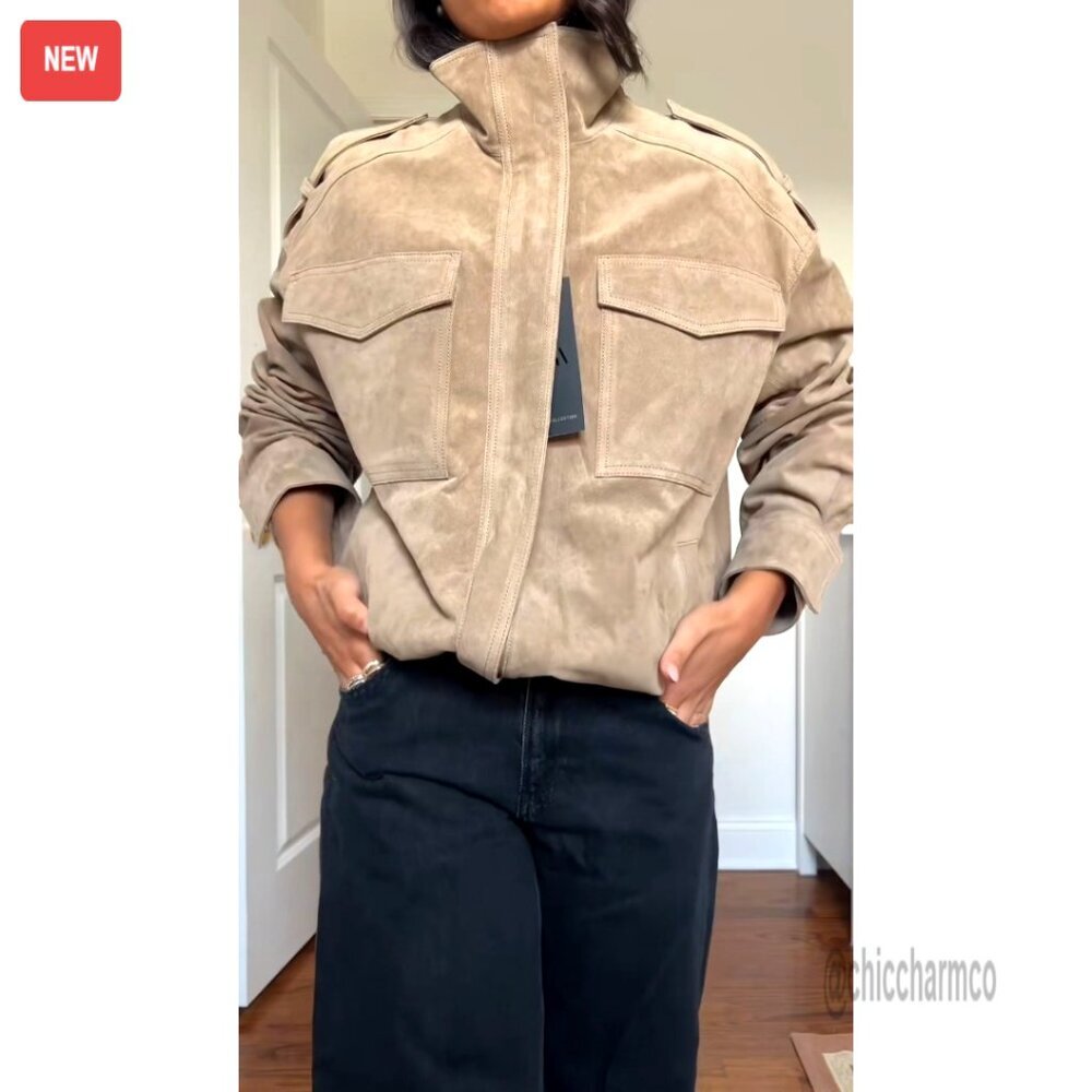 Faux Suede Leather Bomber Jacket Vintage High Collar Long Sleeve Oversized - Picture 7 of 7